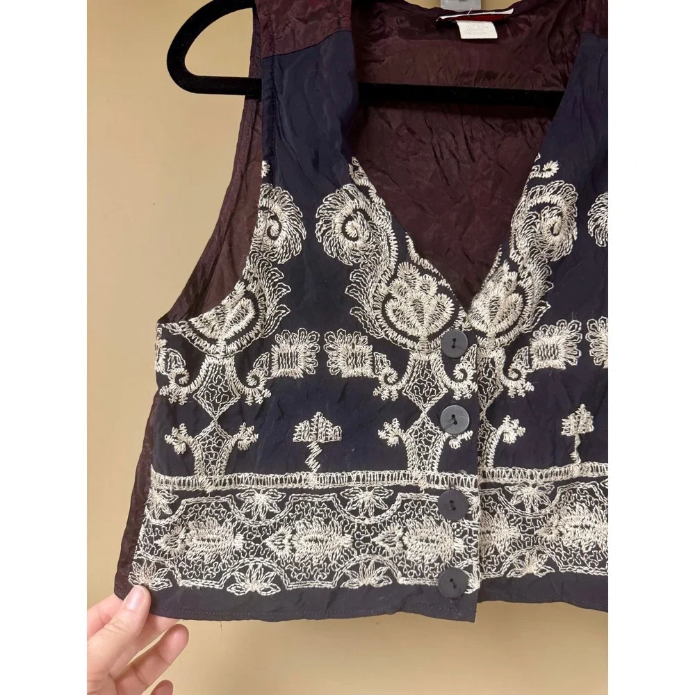Vintage‎ Cindy Collins Black Embroidered Boho Hippie Vest Women's Medium